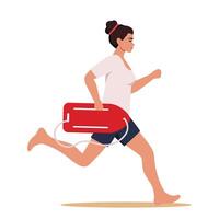 Woman lifeguard runs along beach to save life of man in need of help is drowning in sea. Girl works as lifeguard. illustration. vector