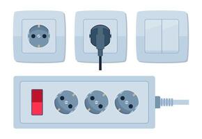 realistic white switch and power socket for European type of electric equipment. Socket Extension cord. Electric Power outlet plug. Power strip. illustration. vector