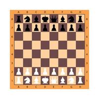 Wood checkered chess board with chess pieces. Chessman in flat style. Game figures. Strategy game, intelligent hobby activity, competition or tournament. illustration. vector