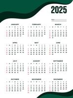 2025 calendar layout with green wave accents for wall or desk use vector