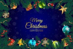 Merry Christmas and Happy New Year Greeting with Ornaments on Blue Background vector