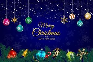 Christmas and New Year Greeting Card with Baubles, Snowflakes, and Pine Branches on Blue Background vector