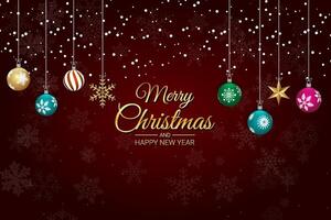 Christmas Greeting Card with Hanging Ornaments on Red Background vector
