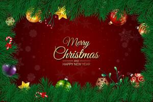Festive Christmas Greeting with Pine Leaves and Ornaments on Red Background vector