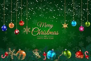 Festive Christmas background with hanging ornaments and snowflakes on green vector