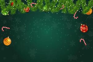 Festive Christmas background with ornaments, candy canes, and fir branches vector