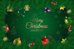 Elegant Christmas Greeting on Green Background with Ornaments and Pine Branches vector