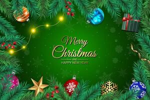 Festive Christmas Background with Ornaments, Pine Branches, and Greeting Text vector