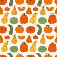Seamless pattern with various colorful hand drawn abstract pumpkins in modern flat style. For background, wallpaper, textile, wrapper. vector