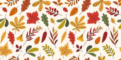 Autumnal seamless pattern with various colorful foliage in trendy flat style. For background, wallpaper, textile, packaging. vector