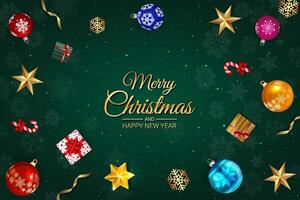 Elegant Christmas background with colorful ornaments on a dark green backdrop vector