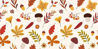 Bright autumnal seamless pattern with abstract leaves, berries of rowan, acorns, flowers and mushrooms. Hand drawn flat style. For background, wallpaper, textile, packaging. vector