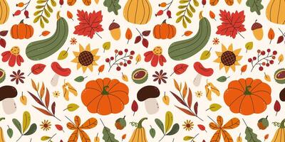 Autumnal seamless pattern with various multicolored foliage, pumpkins, sunflower, berries, chestnut and mushrooms in contemporary flat style. For background, wallpaper, textile, wrapper. vector