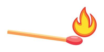 A match with fire in a cartoon style. Flat illustration of a beautiful match lit by fire isolated on white background. Hot. Lighting a gas tile burner with a match. vector