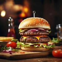 hamburger on a black background Burger Pic free image AI generate photo