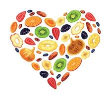 Dried fruits in the shape of a heart in a cartoon style. Flat illustration, pineapple,dried apricots,raisins,apples,kiwi, orange,strawberry,banana, prunes,figs,dates, isolated on a white background. vector