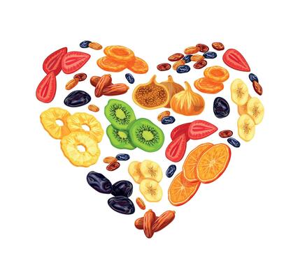 Dried fruits in the shape of a heart. Flat illustration of a set of dried fruits, raisins, dates, figs, bananas, kiwi, pineapple, strawberries, dried apricots, prunes, oranges. Logo design, banner