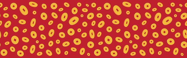 Chinese gold coins horizontal seamless border pattern. Red seamless banner with gold Chinese coins. vector