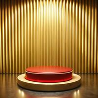 A red round table in front of a wall with yellow lights photo