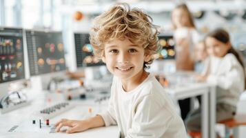 Caucasian boy kid scientist is learning technology with computer in classroom at school photo