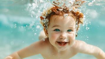 Adorable baby swimming underwater in the pool and smiling and looking with camera. Playful moment of early childhood development photo