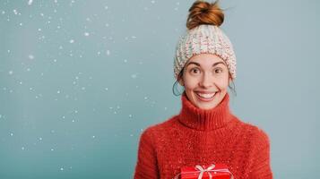 Smiling caucasian young woman wearing red wool sweater with hat and holding red gift box in snowflake on blue background for celebration merry christmas and new year festival. Copy space photo