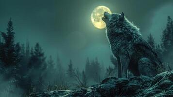 The wolf is howling in horrible smoke and foggy with full moon light on mountain cliff in dark night of forest. Imagination fantasy of scary tale story photo