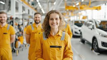 Smiling Caucasian engineer woman in jumpsuit and automobile mechanic team for maintenance technician in factory of industry photo