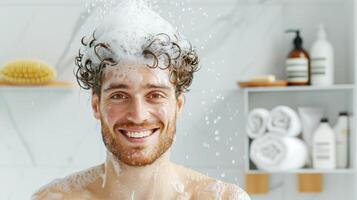 Smiling Caucasian handsome man smiling and relaxing washes hair and shampoo foams and shower with bubbles in cozy bathroom photo