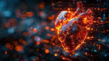 Glittering light in the heartbeat for digital of the pulsating heart and golden light of coronary flow data calculation. Treating heart disease with science and advanced technology in the laboratory photo