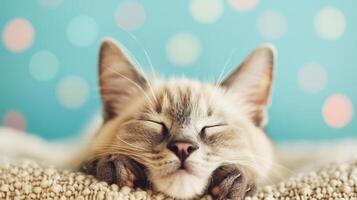 Cute Kitten striped cat sleeping on soft blown wool sweater and comfortable with bokeh light on blue pastel background photo