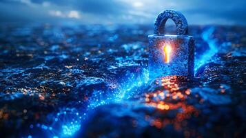 Sparkle blue light shining on master key and lock on the ground cracks in the lava. Cyber security technology lock digital padlock representing data encryption and network protection. Online privacy photo