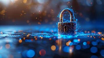 Sparkle blue light shining on master key and lock with with sparkle light network of interconnect lines and dots symbolizing growth and connection for Cyber security technology lock digital padlock photo