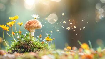 Imagination fantasy of orange mushroom growing in the forest with pollen of flower and butterfly blowing in the wind in natural sunlight. copy space photo