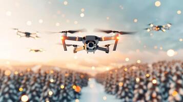 drone quadcopter with digital camera on sky over pine forest in natural sunlight and snow fall of evening for christmas night on holiday photo
