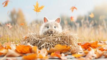happy hamster in a straw nest of dry branches with in maple falling on the ground in natural warm light in garden of autumn season photo