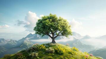 hermosa paisaje solitario árbol en verdor colina con flor silvestre campo y destino nieve otoño en Valle montaña con brumoso y azul cielo en luz de sol en cielo foto