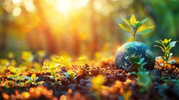 Model earth and globe and tree sapling in natural sun ray shining in tropical forest It represents the conservation of natural resources and the environment. World ozone day photo