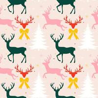 Seamless pattern with silhouettes of Christmas Reindeer and Christmas tree on a light background. Festive Christmas pattern in green, red and pink colors for wrapping paper or textile base. vector