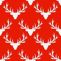 seamless pattern with white silhouettes of Reindeer heads with horns on a red background. vector