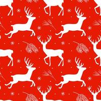 seamless pattern with white silhouettes of Reindeer and branches of Christmas trees on a red background. vector