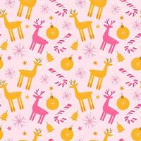 Christmas seamless pattern with pink and gold reindeer and Christmas balls. Festive winter pattern in flat style with snow for wrapping paper. vector