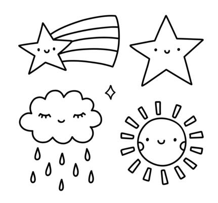 Cute set of weather elements - rain cloud, sun, stars. hand-drawn illustration in doodle style. Perfect for cards, decorations, logo, various designs.