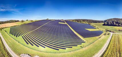 panorámico imagen de un grande solar campo en un verde prado en luz foto