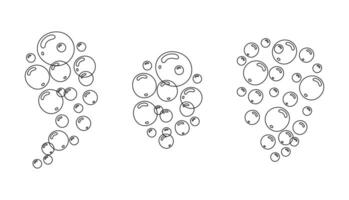 Set of water bubbles cluster in doodle style. Linear illustration of soap foam of different shapes vector