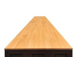Front view of wooden table, isolated on white background. photo