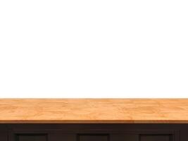 Front view of wooden table, isolated on white background. photo
