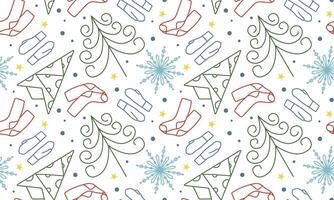 Seamless pattern with Christmas tree and snowflakes in doodle style. Geometric trees for New Year. Winter mittens and warm socks. vector