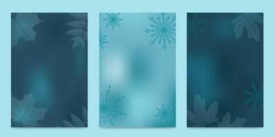 Set of winter backgrounds with icy leaves and snowflakes. Greeting cards for New Year and Christmas. Abstract winter background. vector
