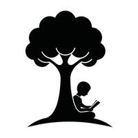A black silhouette of a boy reading under a tree vector